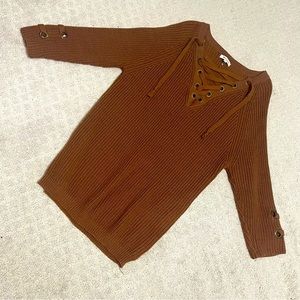 Miracle Brown Lace Up Ribbed V-neck Sweater | M/L